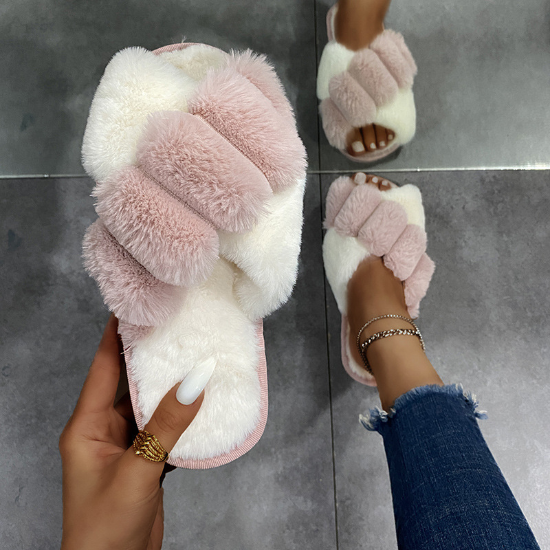 Cross-strap Furry Slippers Home Flat Indoor Floor Bedroom House Shoes Women - Image 8