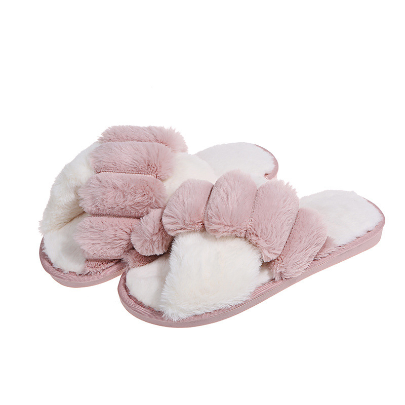 Cross-strap Furry Slippers Home Flat Indoor Floor Bedroom House Shoes Women - Image 2