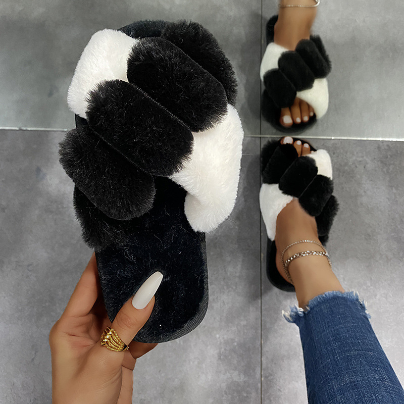 Cross-strap Furry Slippers Home Flat Indoor Floor Bedroom House Shoes Women - Image 6