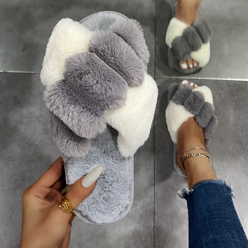 Cross-strap Furry Slippers Home Flat Indoor Floor Bedroom House Shoes Women - Image 4